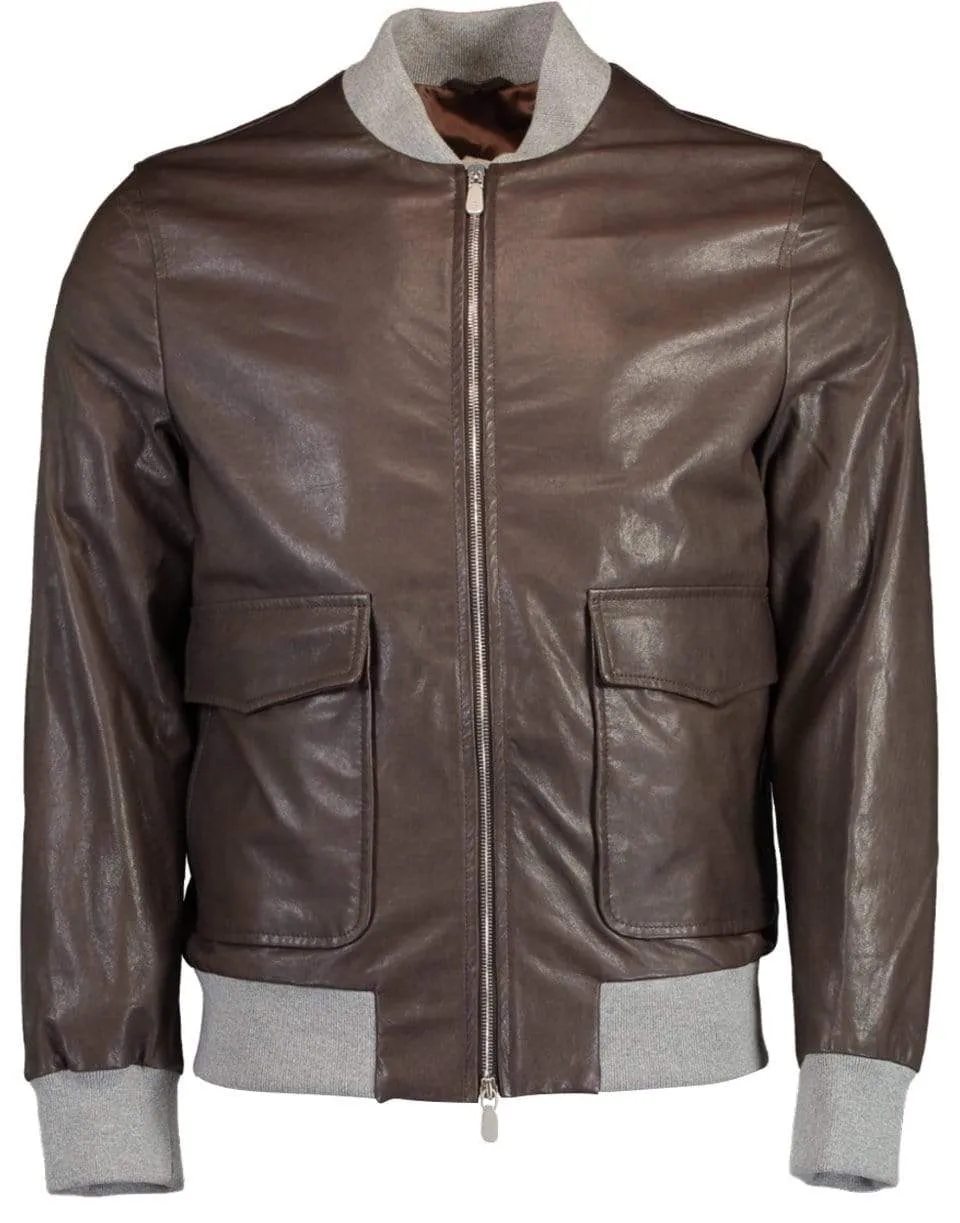 Contrast Collar and Cuff Leather Bomber Jacket