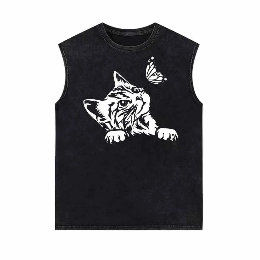 Cute Cat Curious Kitten With Butterfly Vintage Washed Vest Top