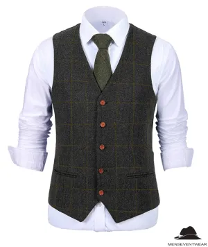 Formal Men's Suit Vest Plaid Tweed V Neck Waistcoat